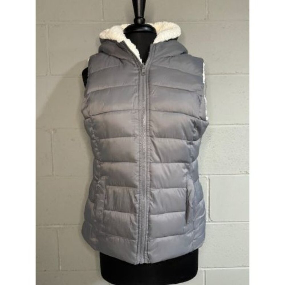 Ladies Gray Puffer Vest Hooded with Fleece Lining and Pockets Sz Med